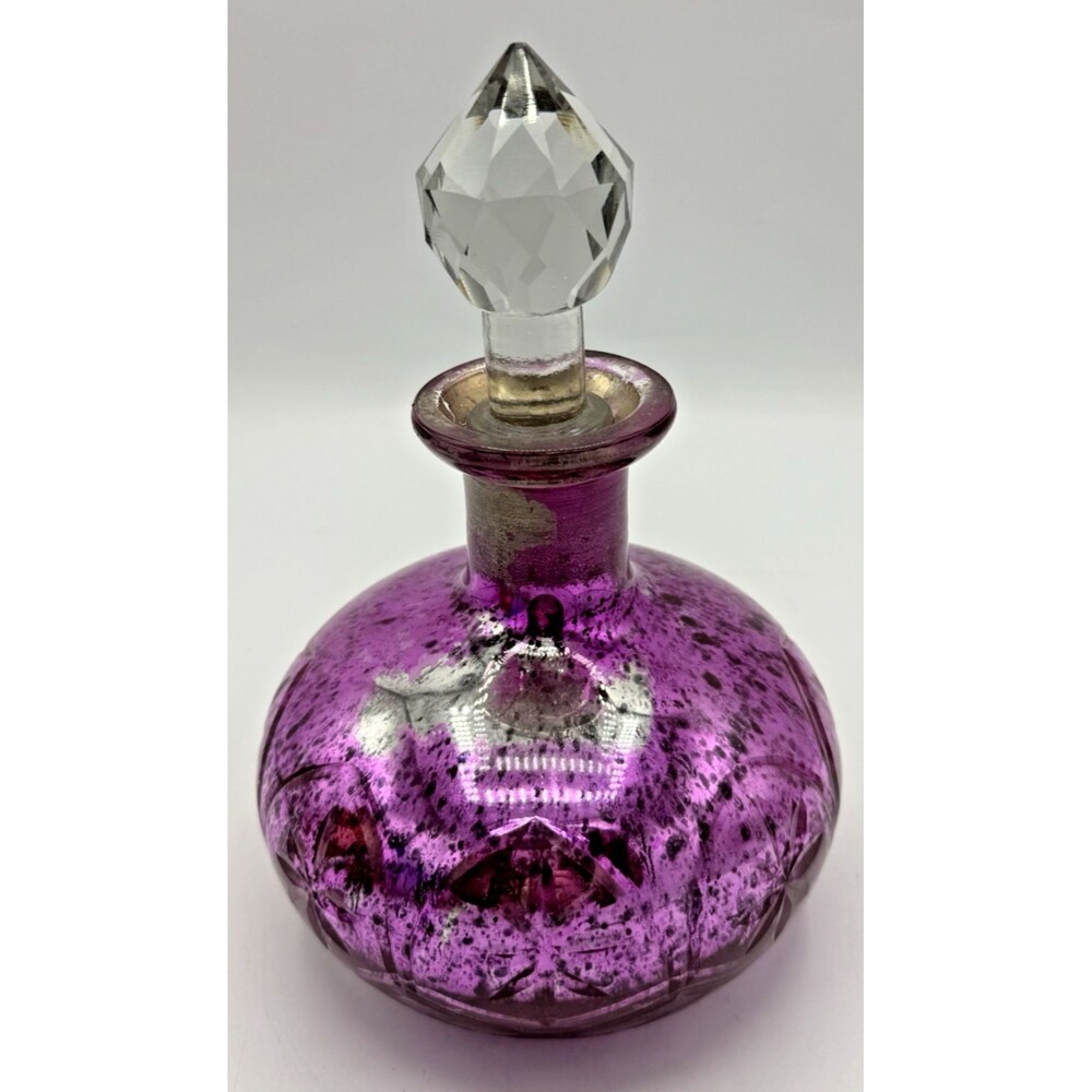 Pink Mercury Glass Globular Large Bottle Faceted Crystal Cut Stopper 8.5” Genie - Picture 7 of 13